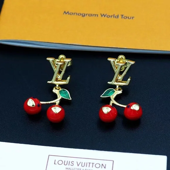Louis Vuitton Gold Earrings with Red Cherries - Picture 2 of 9